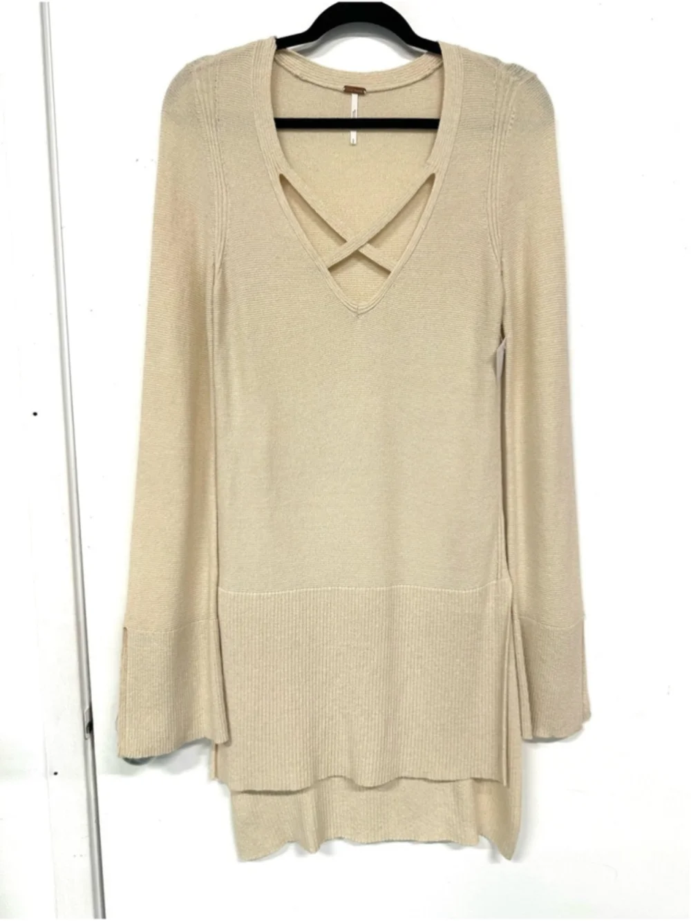 Free People Cream Criss Cross Bell Sleeve Oversized Sweater S Boho Knit Tunic